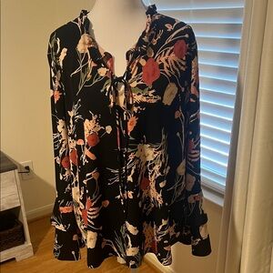 Black Floral Tie-Neck Women’s Blouse